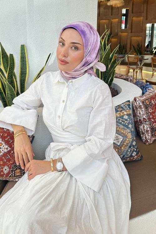 Lamelif Batik Çiçek Desen Soft Eşarp Lila