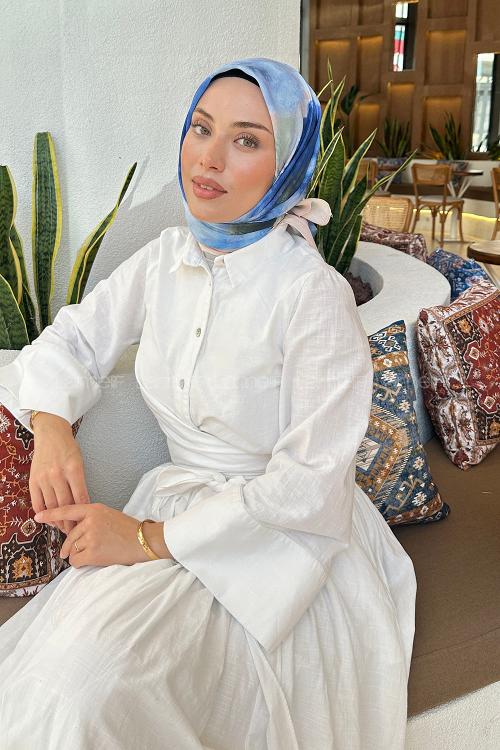 Lamelif Batik Çiçek Desen Soft Eşarp Mavi Bej