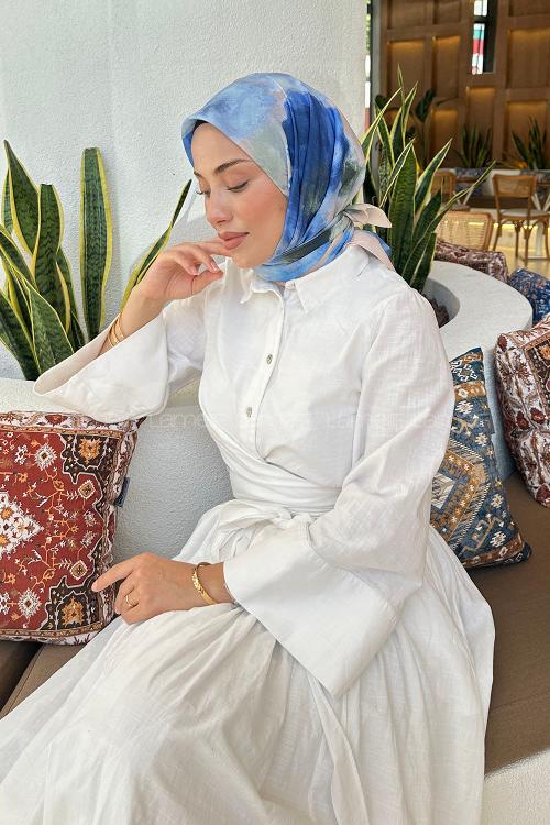 Lamelif Batik Çiçek Desen Soft Eşarp Mavi Bej