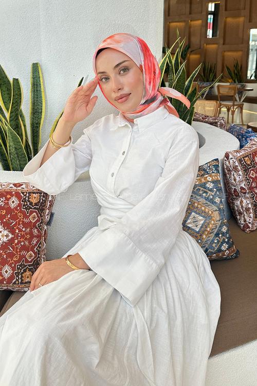 Lamelif Batik Çiçek Desen Soft Eşarp Somon