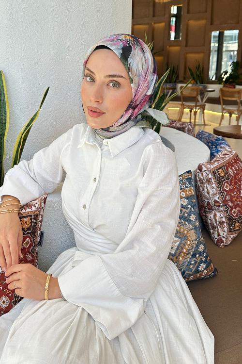 Lamelif Çiçek Desen Soft Eşarp Adaçayı
