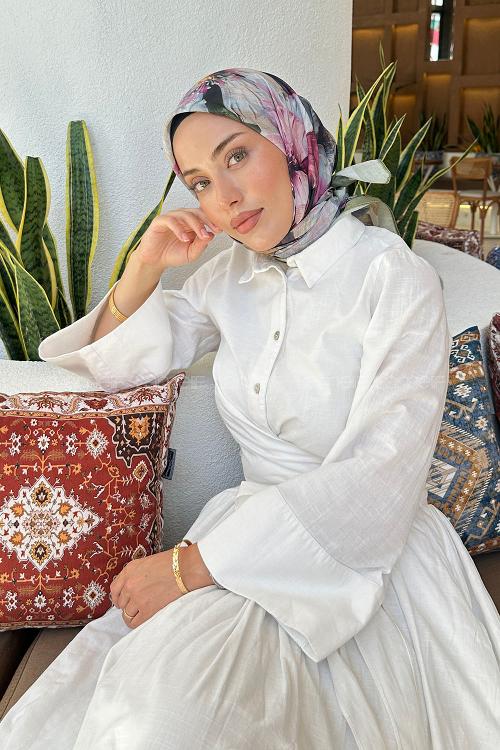 Lamelif Çiçek Desen Soft Eşarp Adaçayı