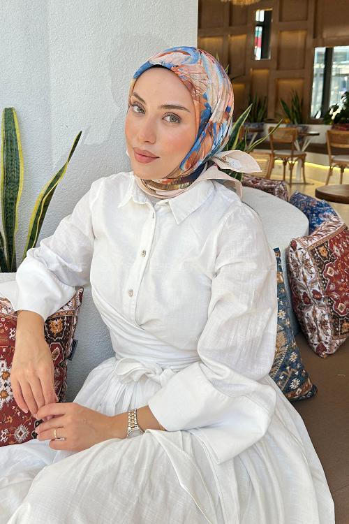 Lamelif Çiçek Desen Soft Eşarp Bej