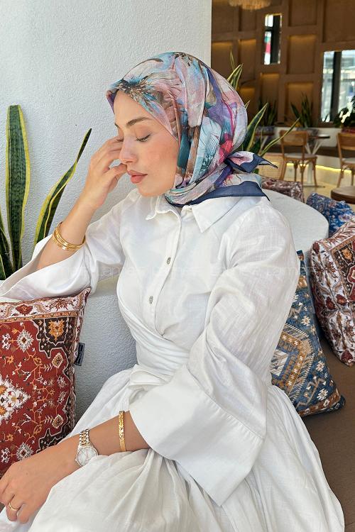 Lamelif Çiçek Desen Soft Eşarp Gece Mavisi