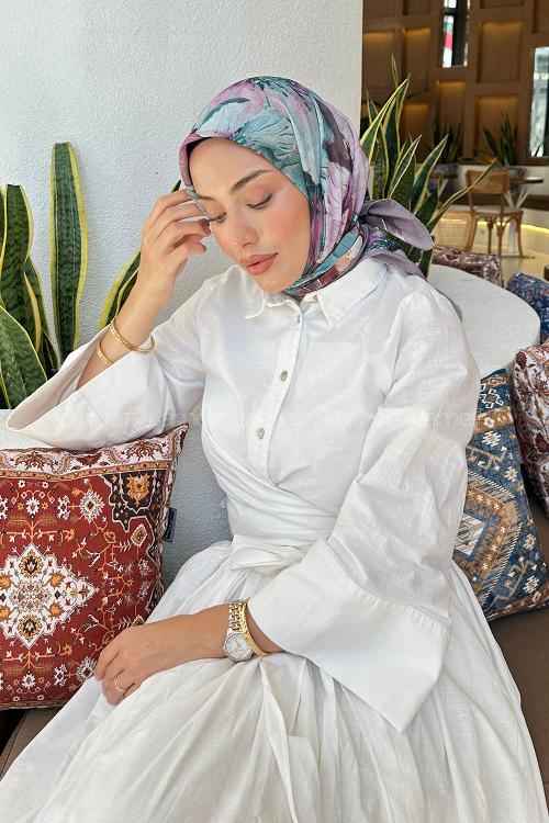 Lamelif Çiçek Desen Soft Eşarp Gri Yeşil