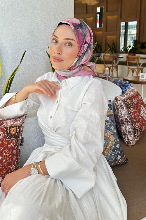 Lamelif Çiçek Desen Soft Eşarp Gül Kurusu