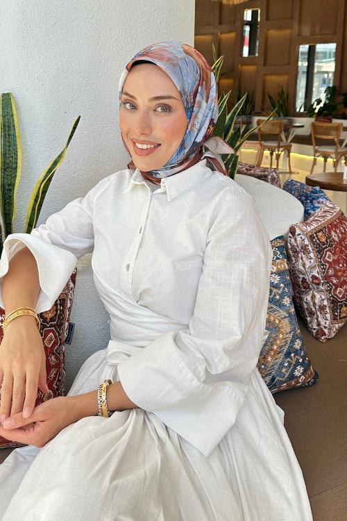 Lamelif Çiçek Desen Soft Eşarp Sütlü Kahve