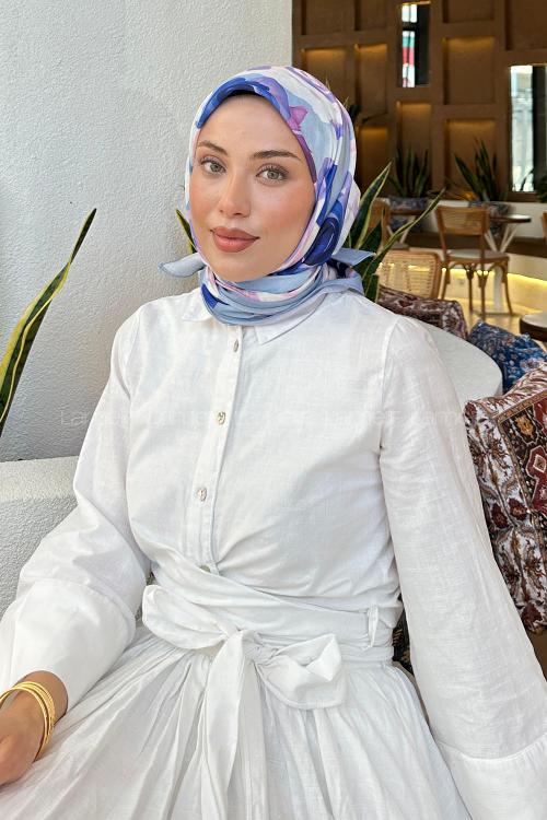 Lamelif Gül Desen Soft Eşarp Gök Mavisi