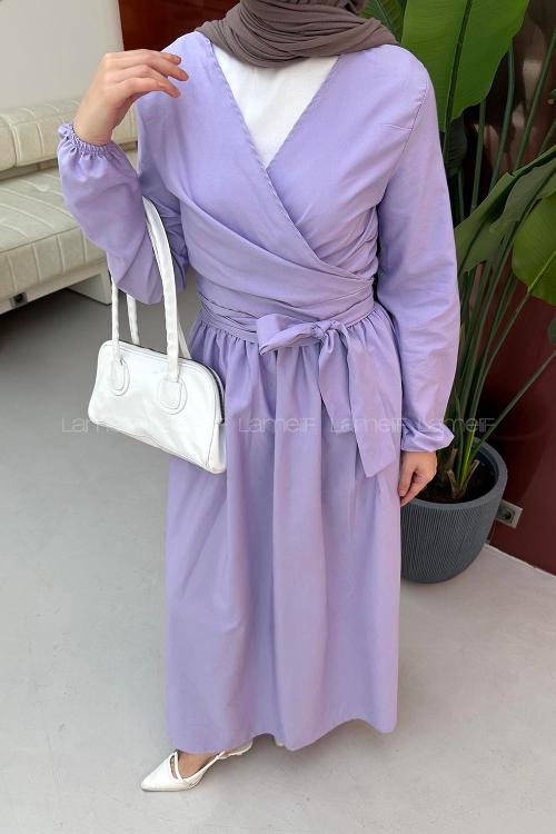 Lamelif Bağlama Detaylı Bluz-Etek Tesettür Takım Lila