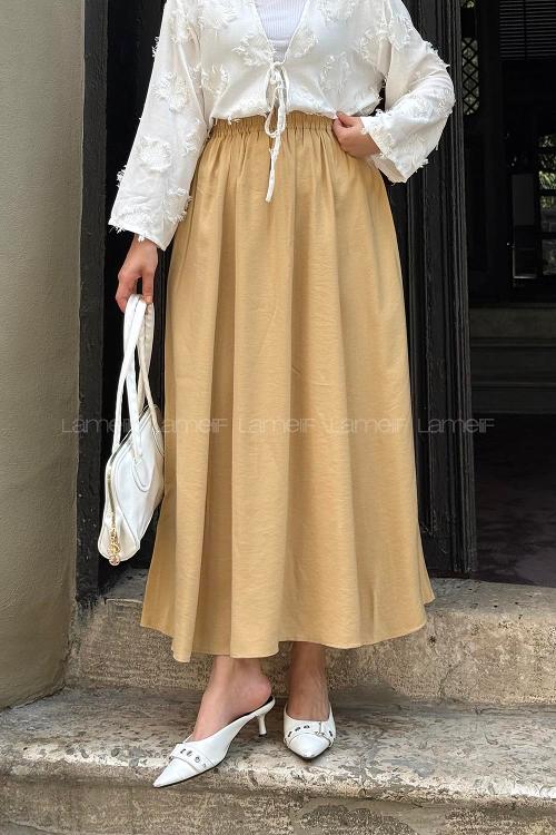 Lamelif Cep Detaylı Keten Etek Kum Beji