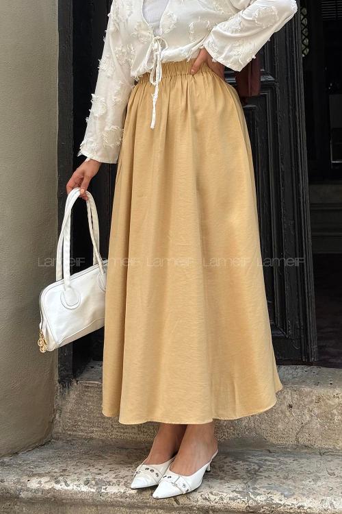 Lamelif Cep Detaylı Keten Etek Kum Beji