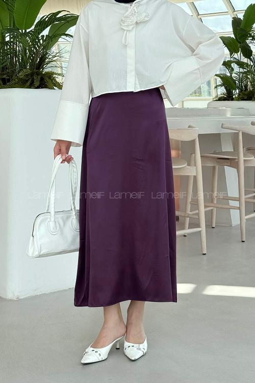 Lamelif Düz Saten Çan Etek Patlıcan Moru