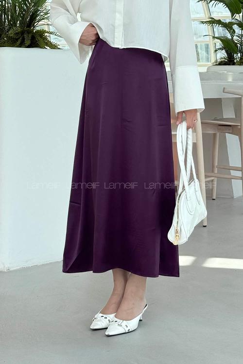 Lamelif Düz Saten Çan Etek Patlıcan Moru