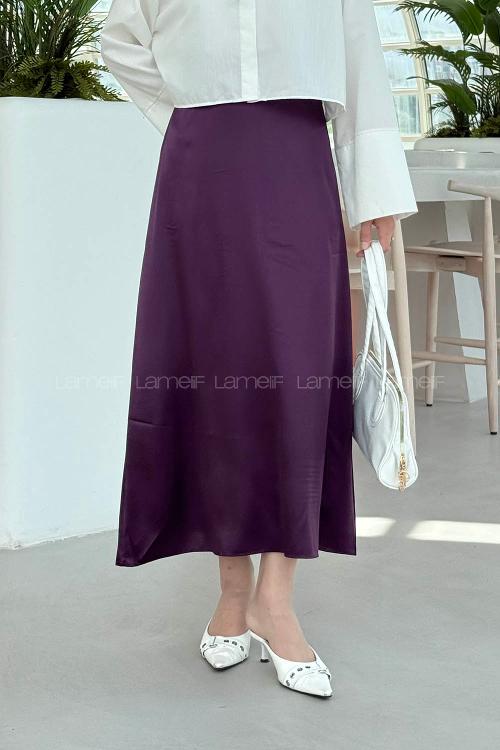 Lamelif Düz Saten Çan Etek Patlıcan Moru