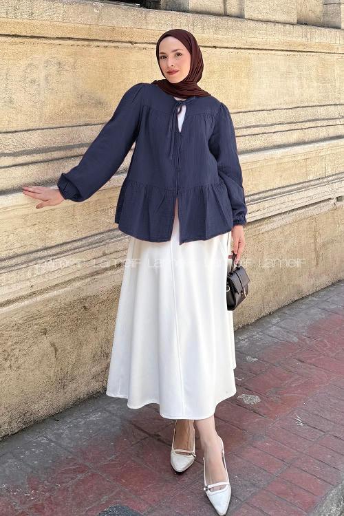 Lamelif V Yaka Kolları Lastikli Müslin Tesettür Gömlek Lacivert