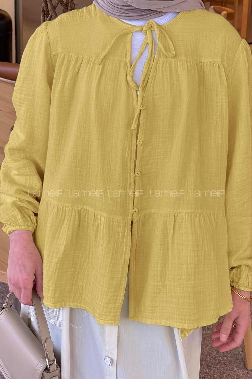 Lamelif V Yaka Kolları Lastikli Müslin Tesettür Gömlek Soft Sarı