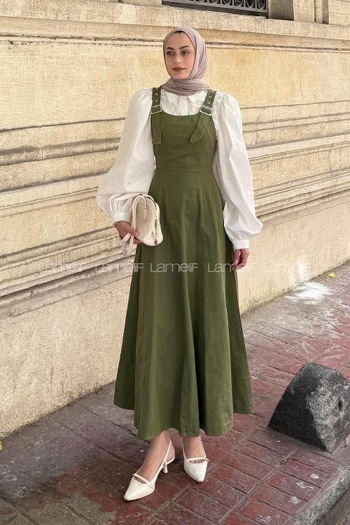 Lamelif Askılı Gabardin Tesettür Jile Haki