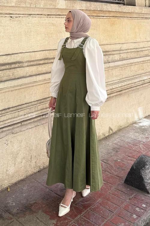 Lamelif Askılı Gabardin Tesettür Jile Haki
