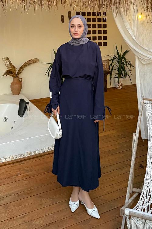 Lamelif Biye Detaylı Etekli Tesettür Takım Lacivert