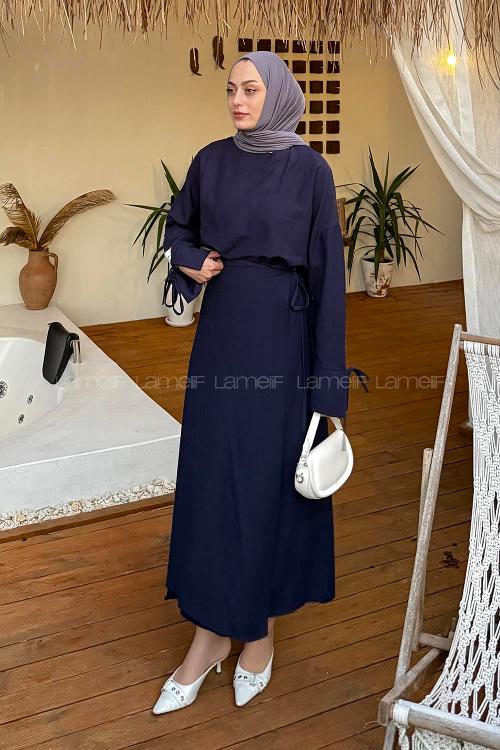 Lamelif Biye Detaylı Etekli Tesettür Takım Lacivert