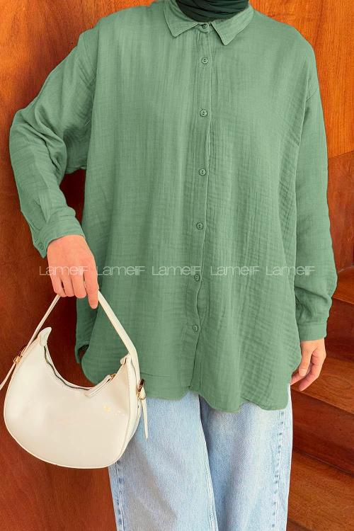 Plum Green Shirt Collar Long Arm Linen Shirt