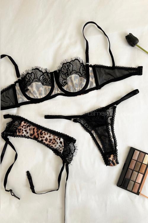 Lamelif Rhera Dantelli Saten Jartiyer Takım