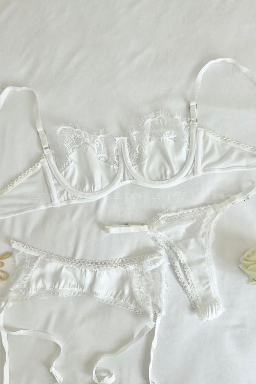 Lamelif Rhera Dantelli Saten Jartiyer Takım