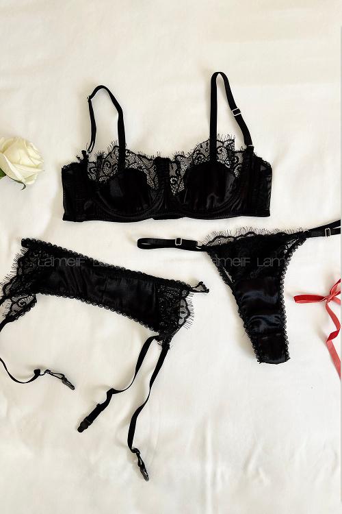 Lamelif Rhera Dantelli Saten Jartiyer Takım