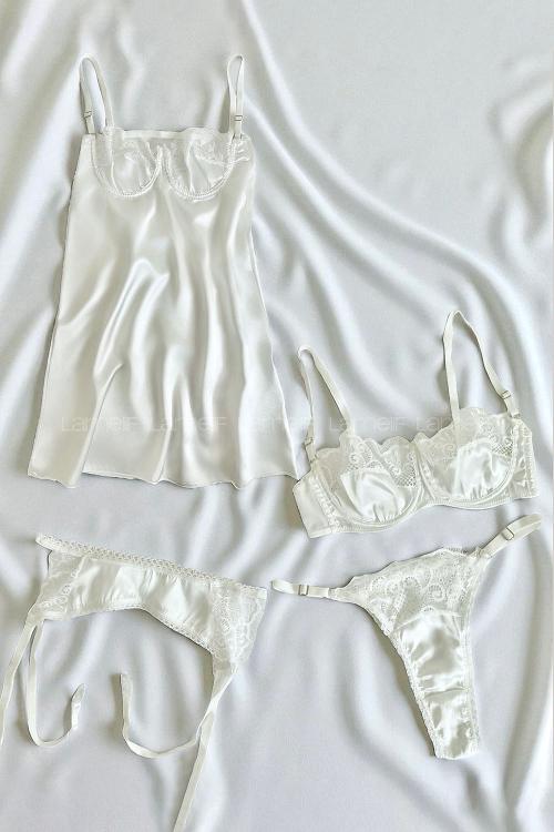 Lamelif Rhera Dantelli Saten Gecelikli Jartiyer Takım