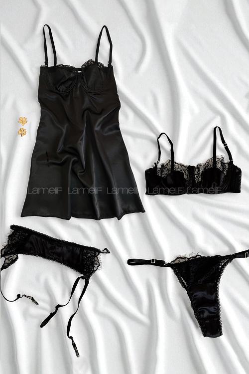 Lamelif Rhera Dantelli Saten Gecelikli Jartiyer Takım