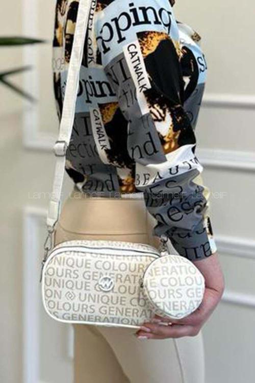 Lamelif Cuci İki Bölmeli Yazı Baskılı Çapraz Kadın Çanta  Vizonrengi