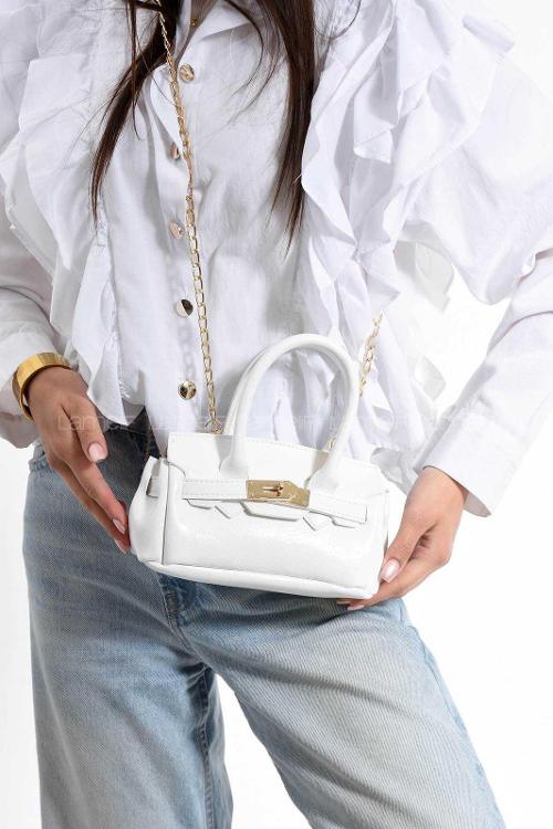 Lamelif Elly Tokalı Gold Askılı Çapraz Çanta Beyaz