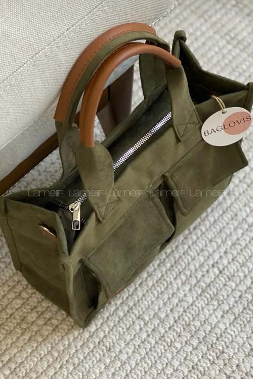 Lamelif Önü Çift Cepli Astarlı Akalite Saten Çanta Haki