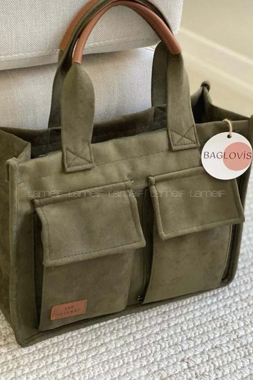 Lamelif Önü Çift Cepli Astarlı Akalite Saten Çanta Haki