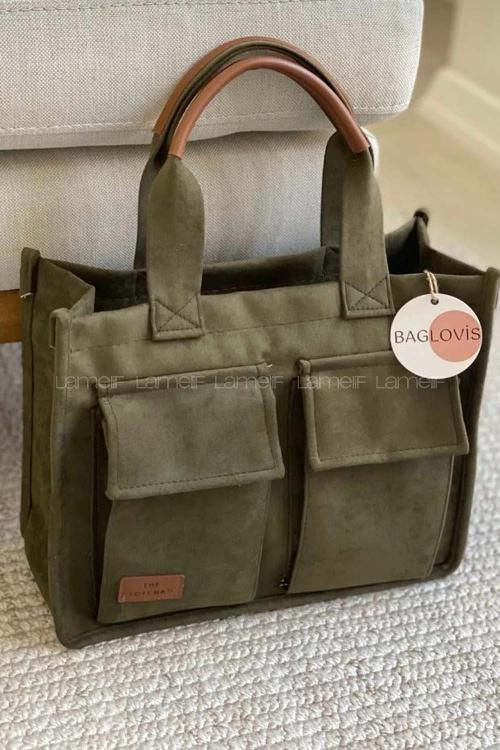 Lamelif Önü Çift Cepli Astarlı Akalite Saten Çanta Haki