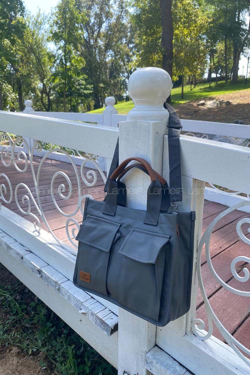 Lamelif Önü Çift Cepli Astarlı A kalite Saten Çanta Gri