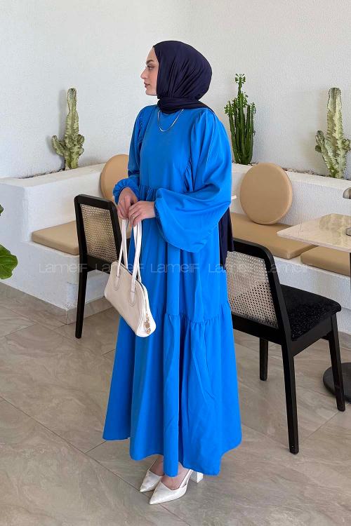 Lamelif Balon Kol Katlı Tesettür Elbise Saks Mavisi