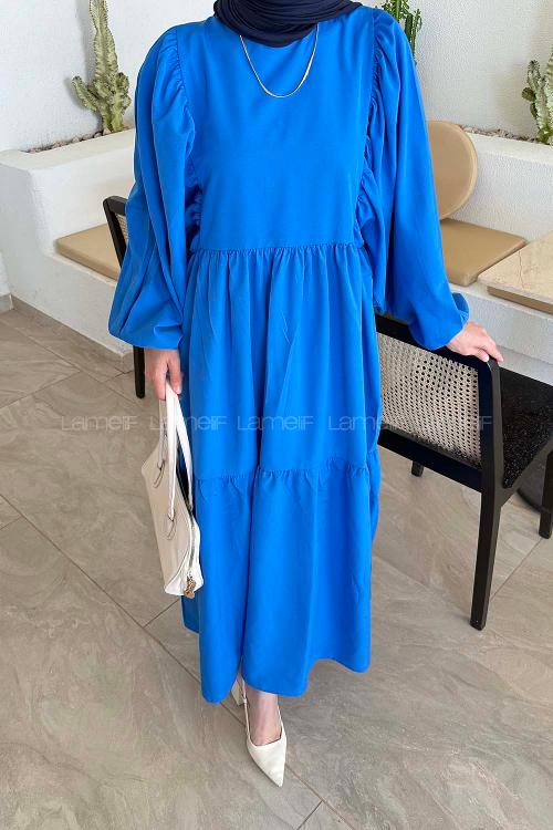 Lamelif Balon Kol Katlı Tesettür Elbise Saks Mavisi