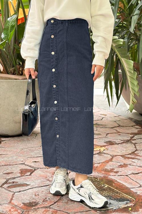 Lamelif Düğmeli Kot Etek Su Yıkama