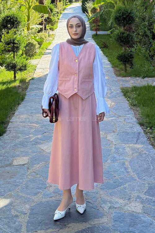 Lamelif Gabardin Yelek-Etek İkili Tesettür Takım Pudra Rengi