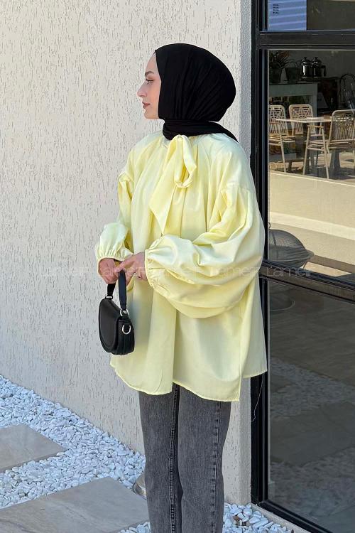 Yellow Turtle Neck Long Arm Poplin Fabric Shirt