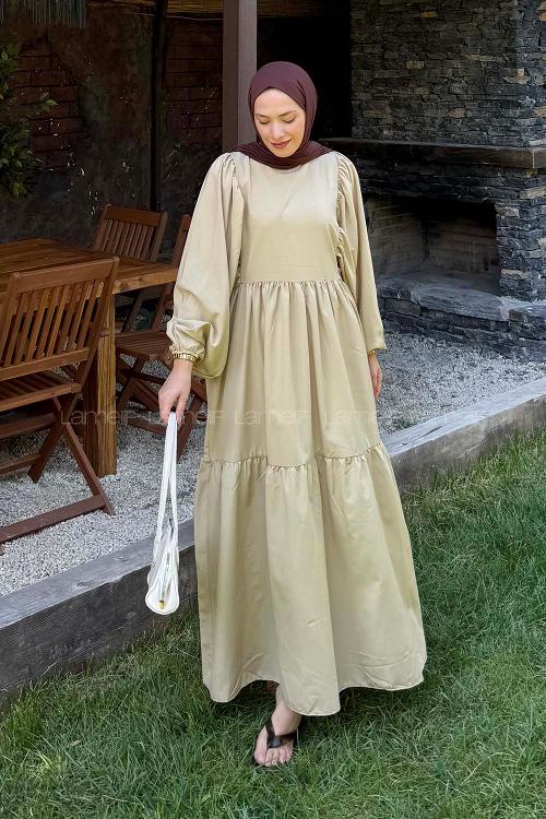 Lamelif Balon Kol Katlı Tesettür Elbise Taş Rengi