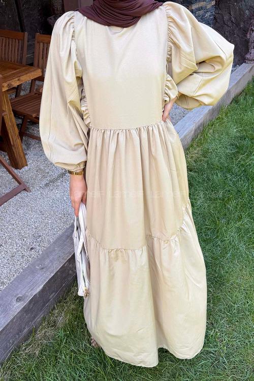 Lamelif Balon Kol Katlı Tesettür Elbise Taş Rengi