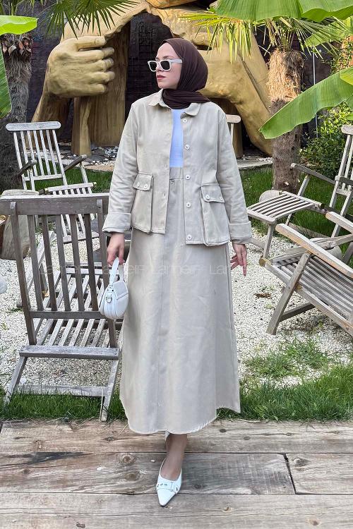 Lamelif Cep Detaylı İkili Etek  Tesettür Takım Bej