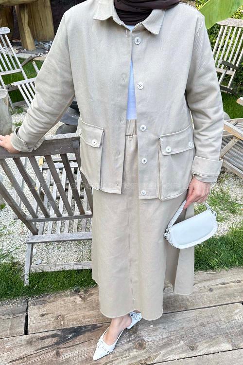 Lamelif Cep Detaylı İkili Etek  Tesettür Takım Bej