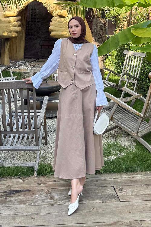 Lamelif Gabardin Yelek-Etek İkili Tesettür Takım Soft Kahve