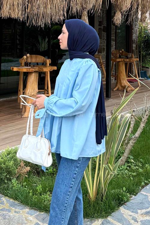 Lamelif Kolu Bağlamalı Pileli Bluz Bebe Mavisi