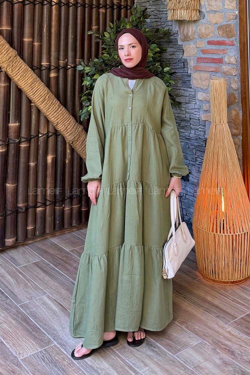 Oil Green Mandarin Collar Cotton Unprinted Dresess