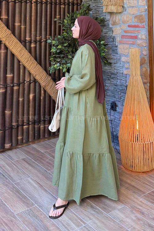 Oil Green Mandarin Collar Cotton Unprinted Dresess