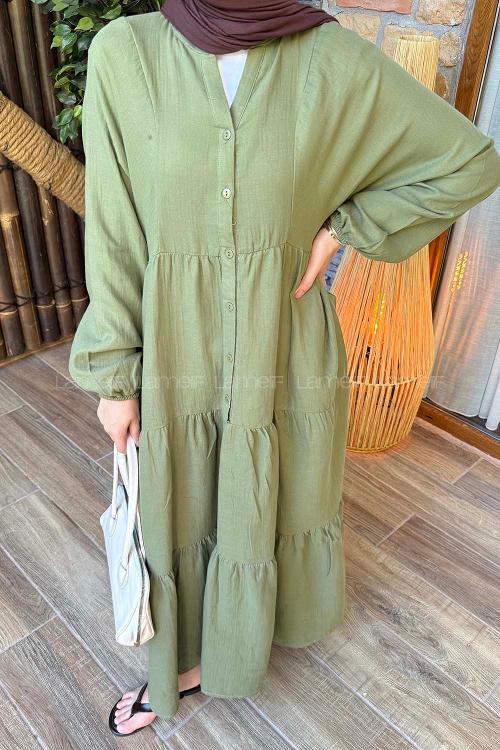 Oil Green Mandarin Collar Cotton Unprinted Dresess